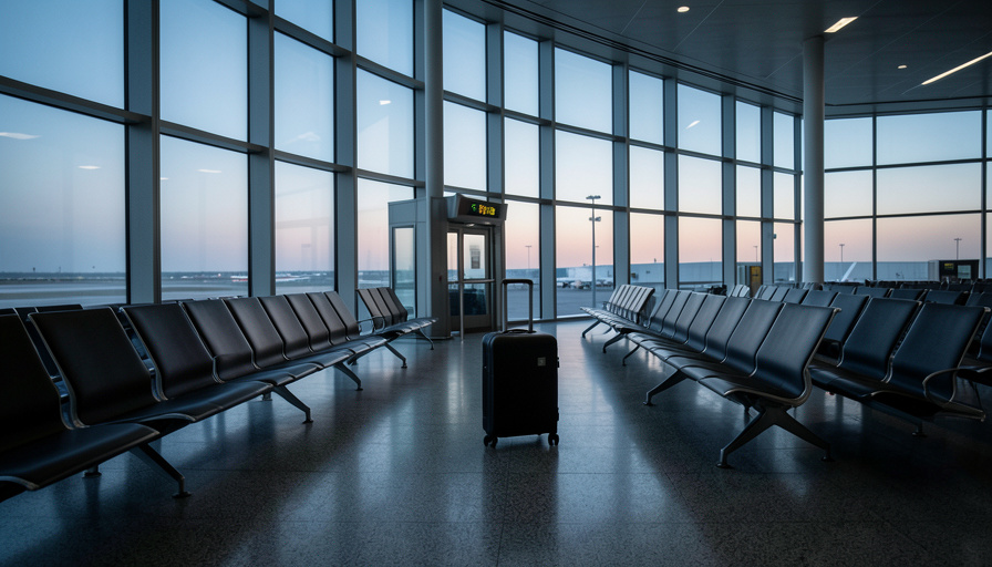 A nearly empty airport departure gate at dusk with a single suitcase and rows of empty seats