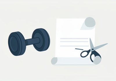 A dumbbell beside a rolled blank contract being cut by a pair of scissors