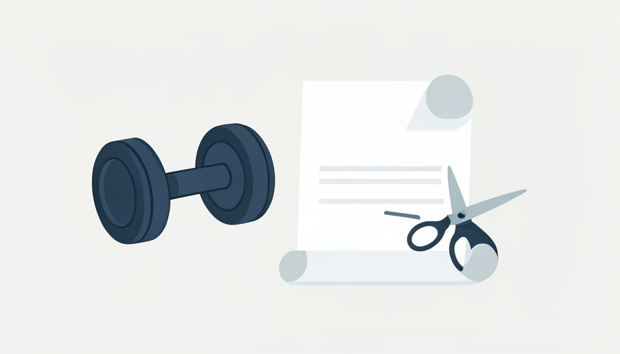 A dumbbell beside a rolled blank contract being cut by a pair of scissors