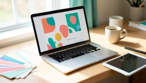 A blogger designing a branded graphic on a laptop at a desk with a coffee cup and color swatches