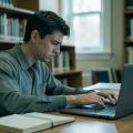 A frustrated student looking at a laptop showing an error while studying at a library desk