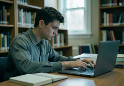 A frustrated student looking at a laptop showing an error while studying at a library desk