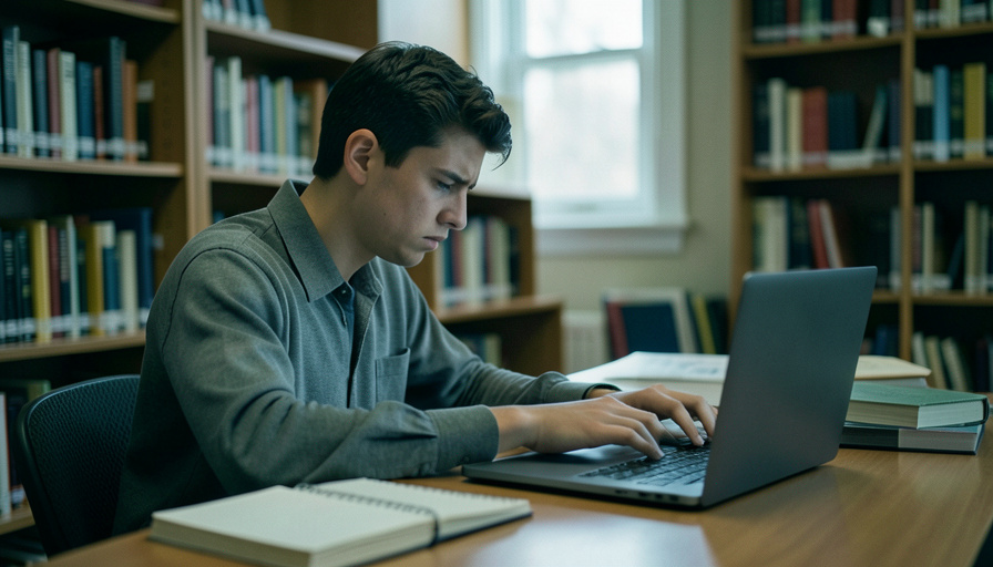 A frustrated student looking at a laptop showing an error while studying at a library desk