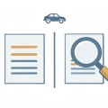 A minimalist illustration of two vehicle history report documents side by side with a car icon above and a magnifying glass inspecting one