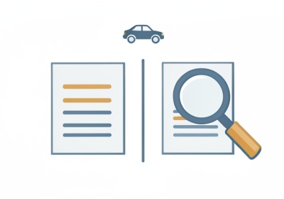 A minimalist illustration of two vehicle history report documents side by side with a car icon above and a magnifying glass inspecting one