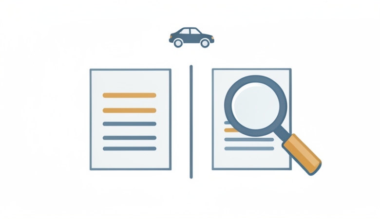 A minimalist illustration of two vehicle history report documents side by side with a car icon above and a magnifying glass inspecting one