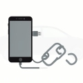A smartphone with a USB cable and a broken chain-link icon beside a faint car silhouette