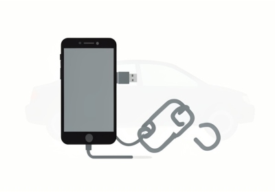 A smartphone with a USB cable and a broken chain-link icon beside a faint car silhouette