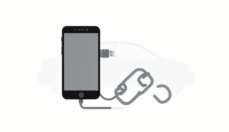 A smartphone with a USB cable and a broken chain-link icon beside a faint car silhouette