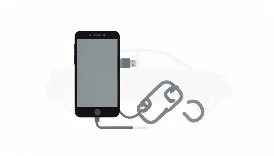 A smartphone with a USB cable and a broken chain-link icon beside a faint car silhouette
