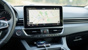 A car dashboard touchscreen showing a generic navigation and media interface