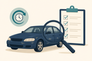 Flat illustration of a used car with a magnifying glass, a checklist, and a return-window clock icon