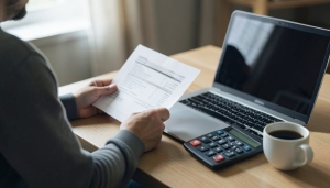 A patient reviewing an itemized medical bill at a desk with a laptop and a calculator