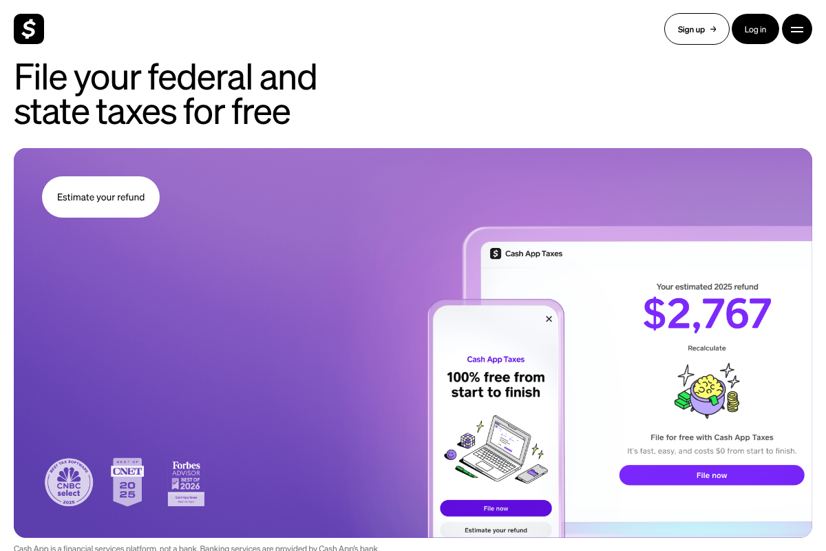 Cash App Taxes page advertising free federal and state tax filing