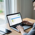 A person at a desk reviewing a delivery tracking page on a laptop next to an empty doorstep photo