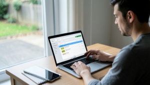 A person at a desk reviewing a delivery tracking page on a laptop next to an empty doorstep photo