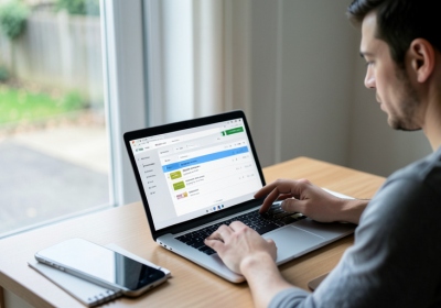A person at a desk reviewing a delivery tracking page on a laptop next to an empty doorstep photo