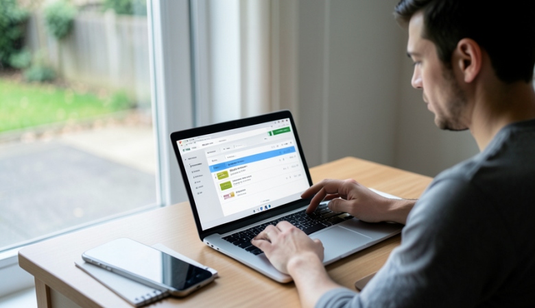 A person at a desk reviewing a delivery tracking page on a laptop next to an empty doorstep photo