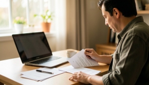 A person organizing documents and screenshots on a laptop to dispute a subscription charge at a desk
