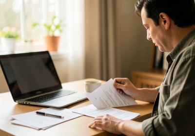 A person organizing documents and screenshots on a laptop to dispute a subscription charge at a desk