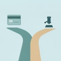A minimalist illustration of a road forking into two paths, a credit card icon above one path and a gavel icon above the other
