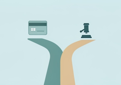 A minimalist illustration of a road forking into two paths, a credit card icon above one path and a gavel icon above the other