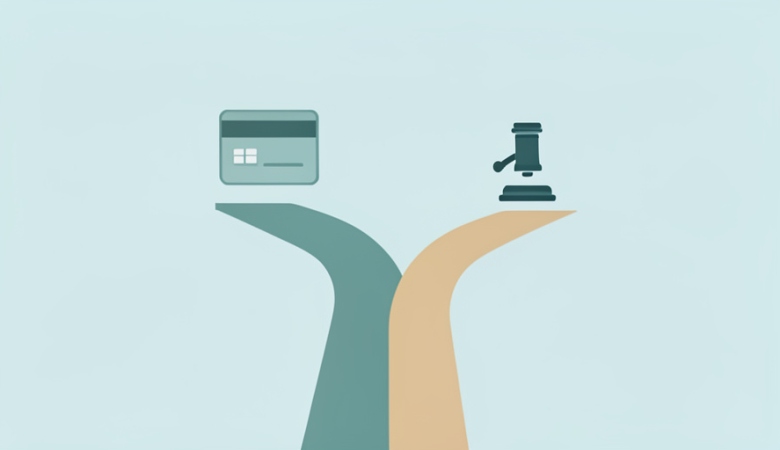 A minimalist illustration of a road forking into two paths, a credit card icon above one path and a gavel icon above the other
