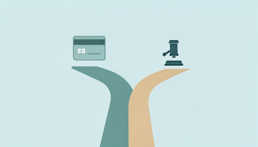 A minimalist illustration of a road forking into two paths, a credit card icon above one path and a gavel icon above the other