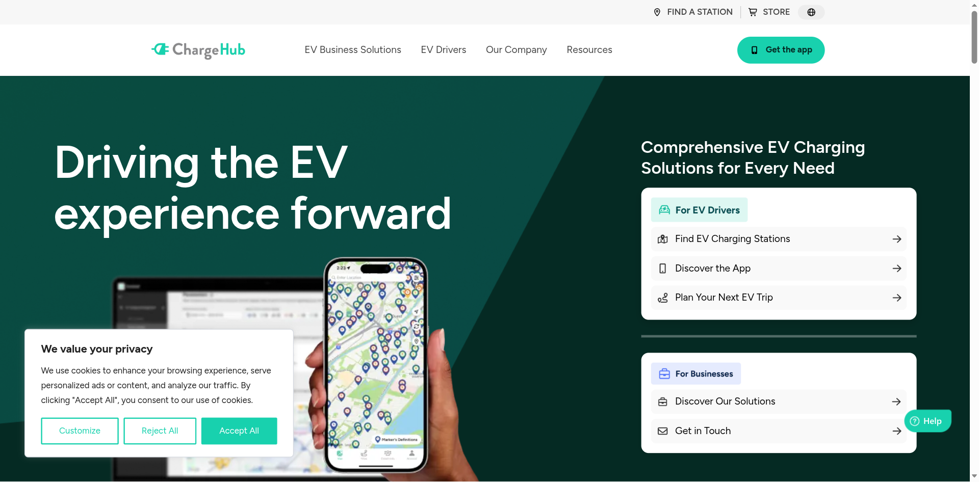 ChargeHub homepage with the tagline driving the EV experience forward