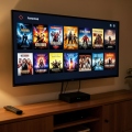 A streaming device connected to a TV showing a clean home screen in a living room setup
