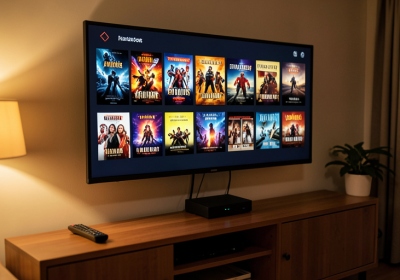 A streaming device connected to a TV showing a clean home screen in a living room setup
