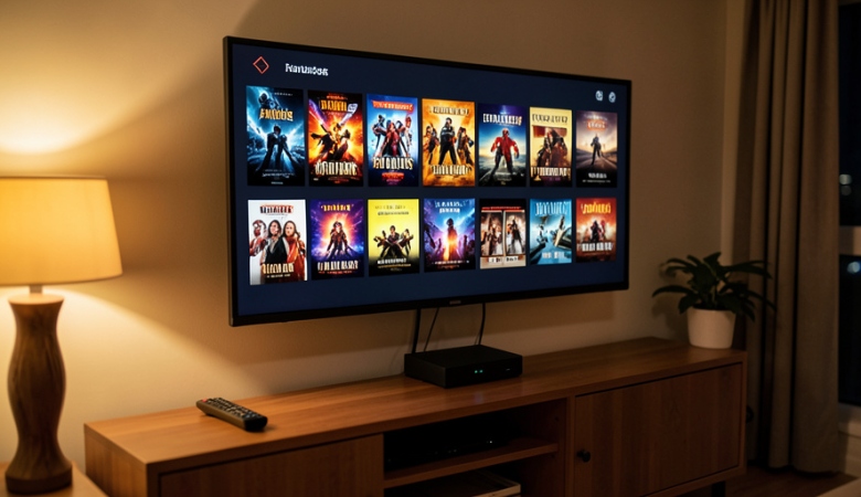 A streaming device connected to a TV showing a clean home screen in a living room setup