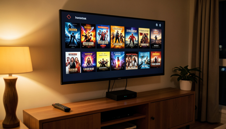A streaming device connected to a TV showing a clean home screen in a living room setup