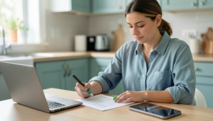 A person reviewing an insurance explanation of benefits document at a table with a laptop and phone