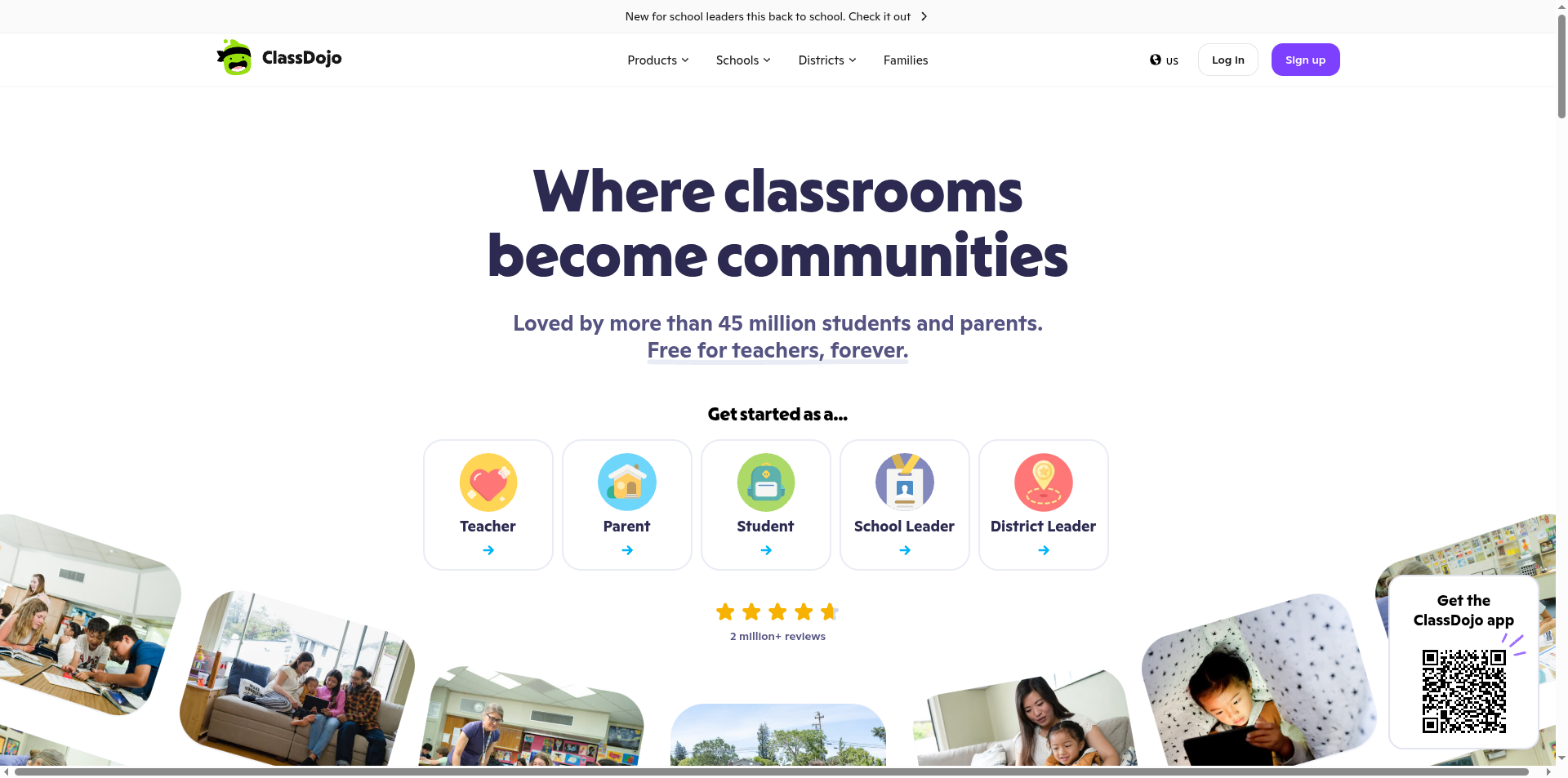 ClassDojo classroom communication and portfolio app homepage