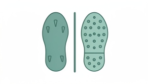 A minimalist illustration of two shoe soles side by side, the left with long studs and the right with many small nubs