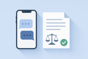 Flat illustration of a phone with chat bubbles beside a document showing a scale of justice and a checkmark