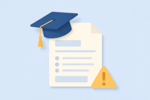 Flat illustration of a form with a graduation cap and a warning triangle representing FAFSA mistakes