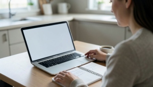 A person comparing weight-management program options on a laptop with a notebook and coffee