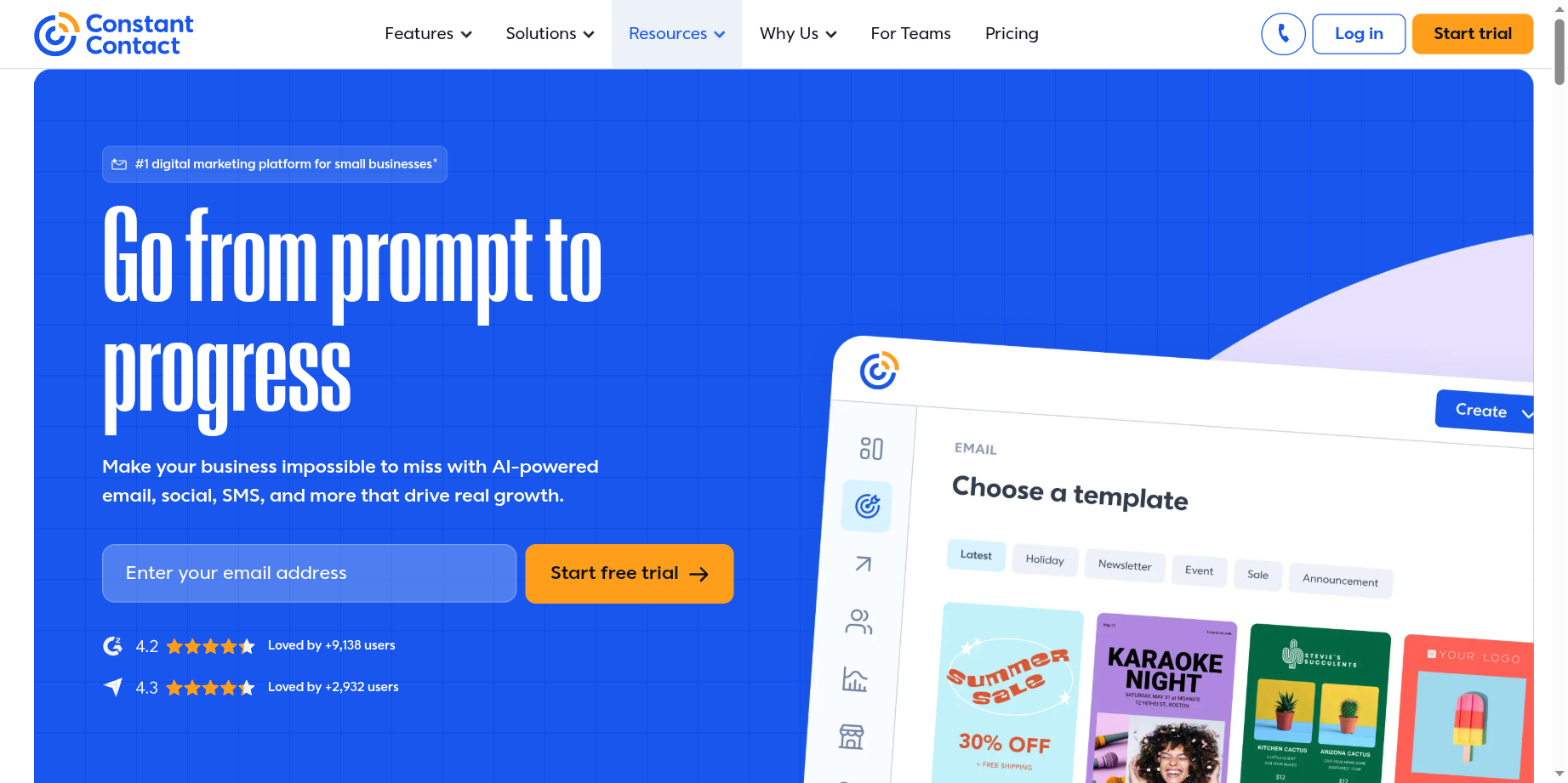 Constant Contact homepage describing a digital marketing platform for small businesses