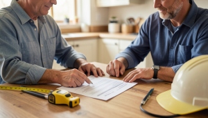 A homeowner reviewing a contractor's written estimate and contract at a table with a pen and laptop