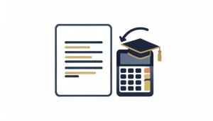 A minimalist illustration of a transcript page beside a calculator and a graduation cap with a conversion arrow