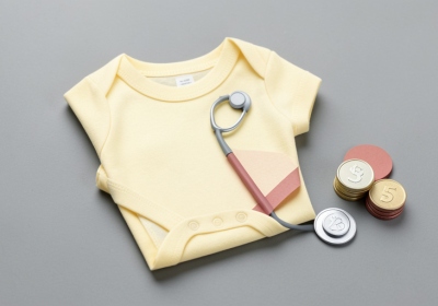 Paper-cut illustration of a hospital bill beside a baby onesie and a stethoscope