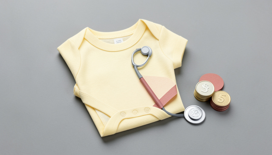 Paper-cut illustration of a hospital bill beside a baby onesie and a stethoscope