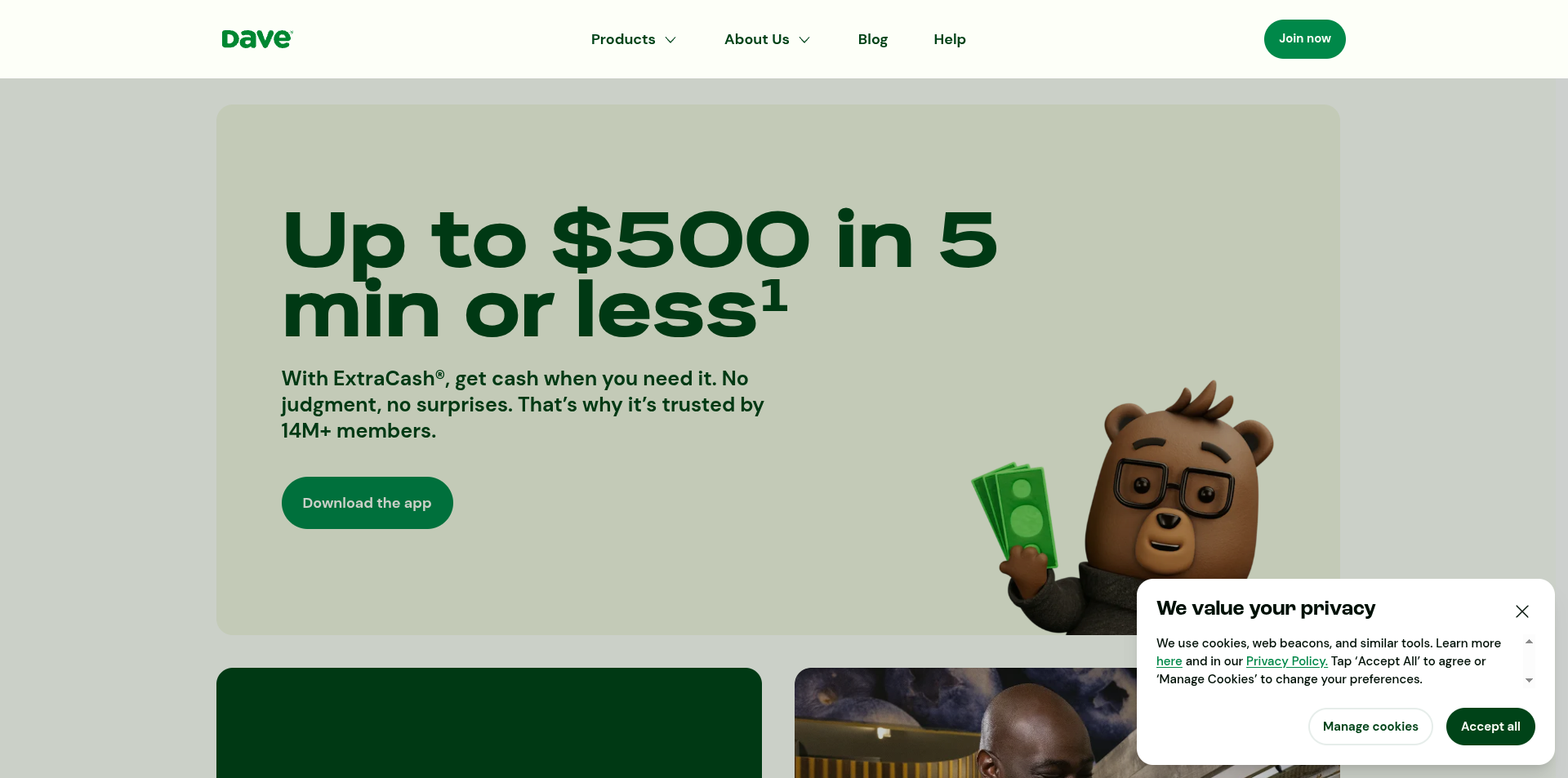 Dave ExtraCash paycheck advance app homepage