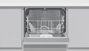 An open stainless-steel dishwasher in a modern kitchen with the lower rack pulled out