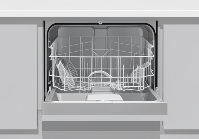 An open stainless-steel dishwasher in a modern kitchen with the lower rack pulled out