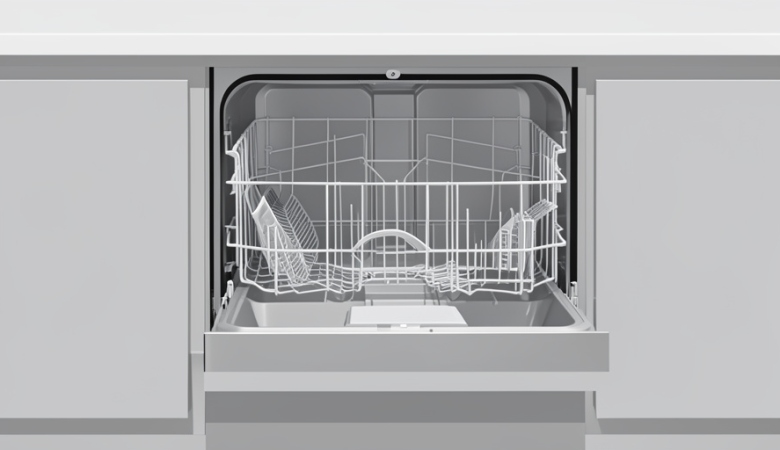 An open stainless-steel dishwasher in a modern kitchen with the lower rack pulled out