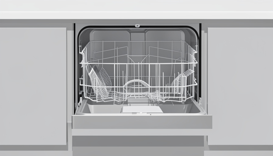 An open stainless-steel dishwasher in a modern kitchen with the lower rack pulled out