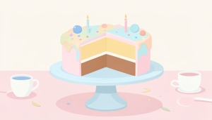 A decorative celebration cake sliced cleanly in half on a cake stand with pastel frosting